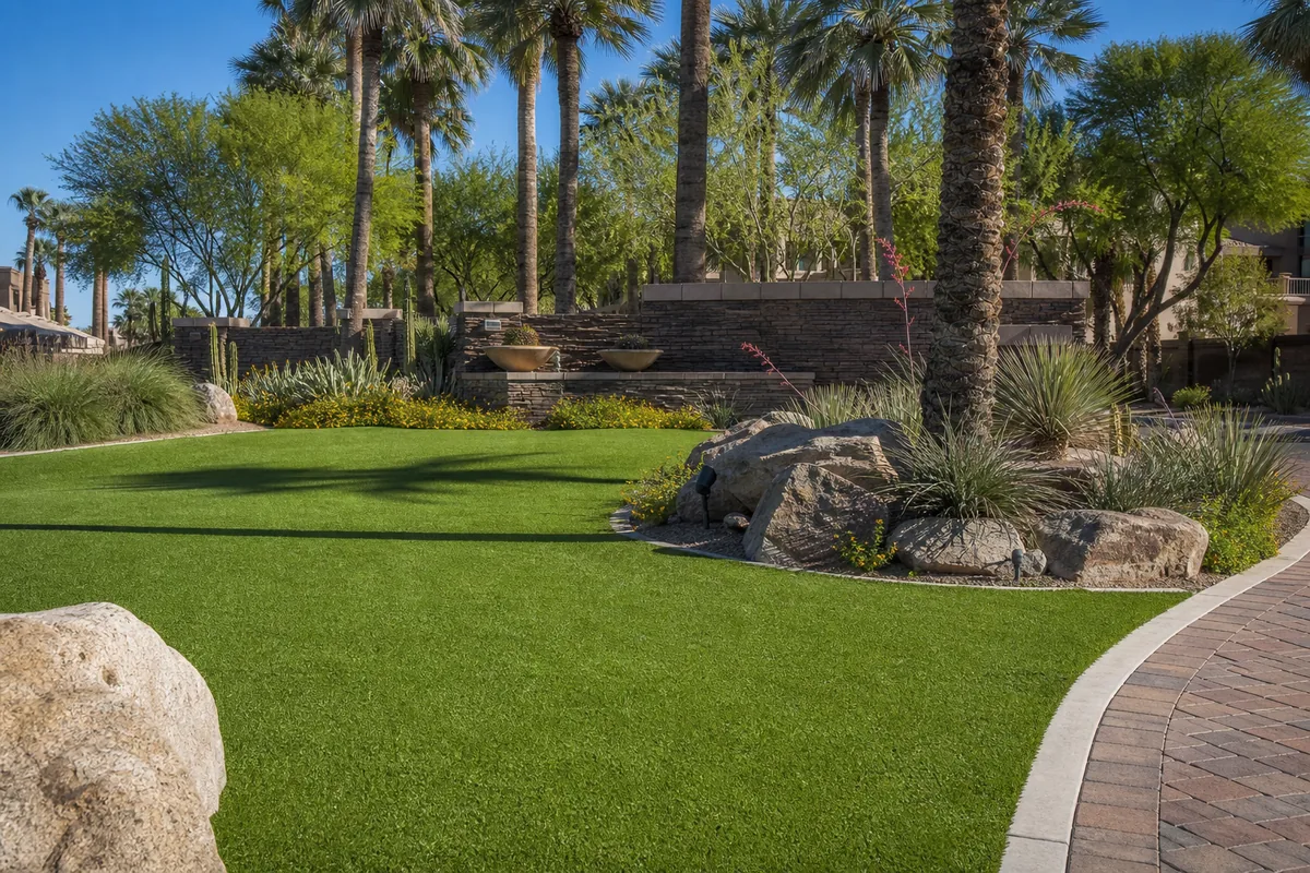Artificial turf common area at a Scottsdale HOA community entrance