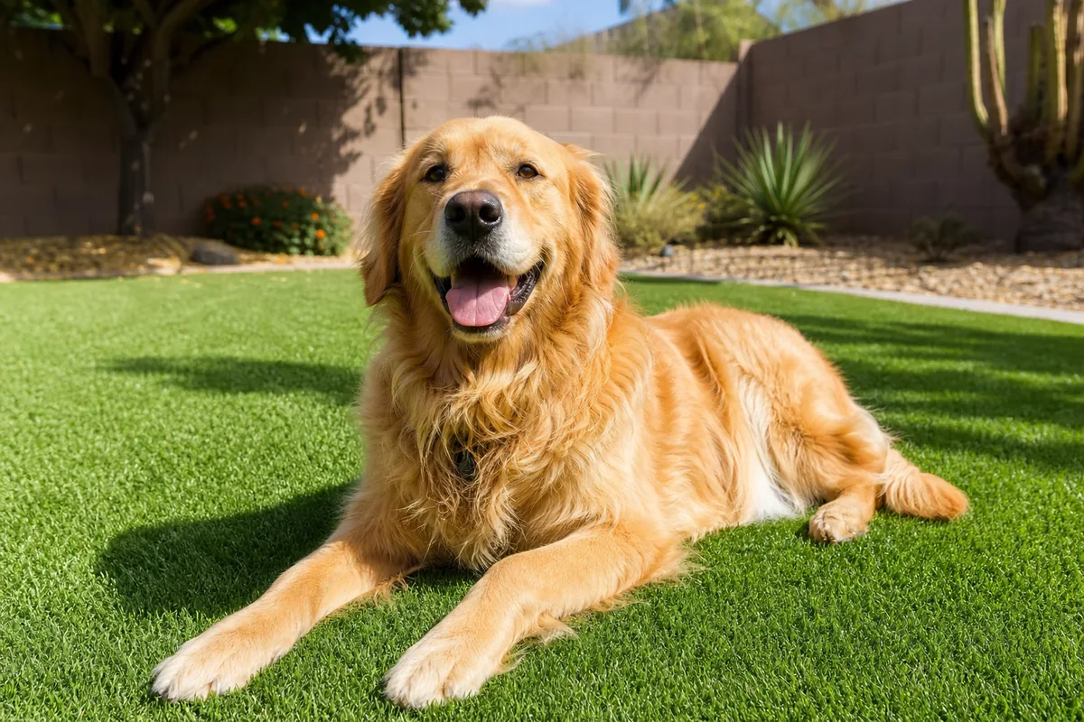 Golden retriever lying on pet-friendly artificial turf in a Scottsdale backyard