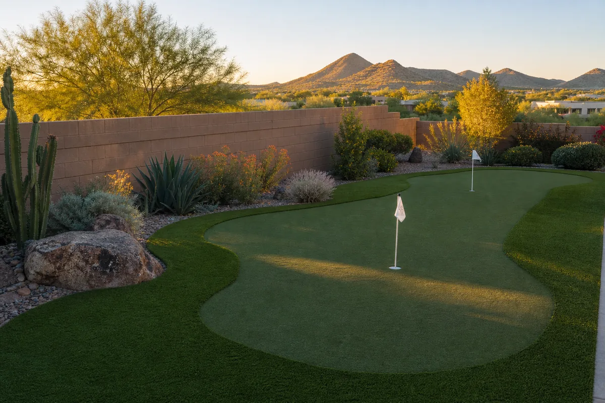 Backyard artificial putting green with flagsticks in a Scottsdale Arizona yard